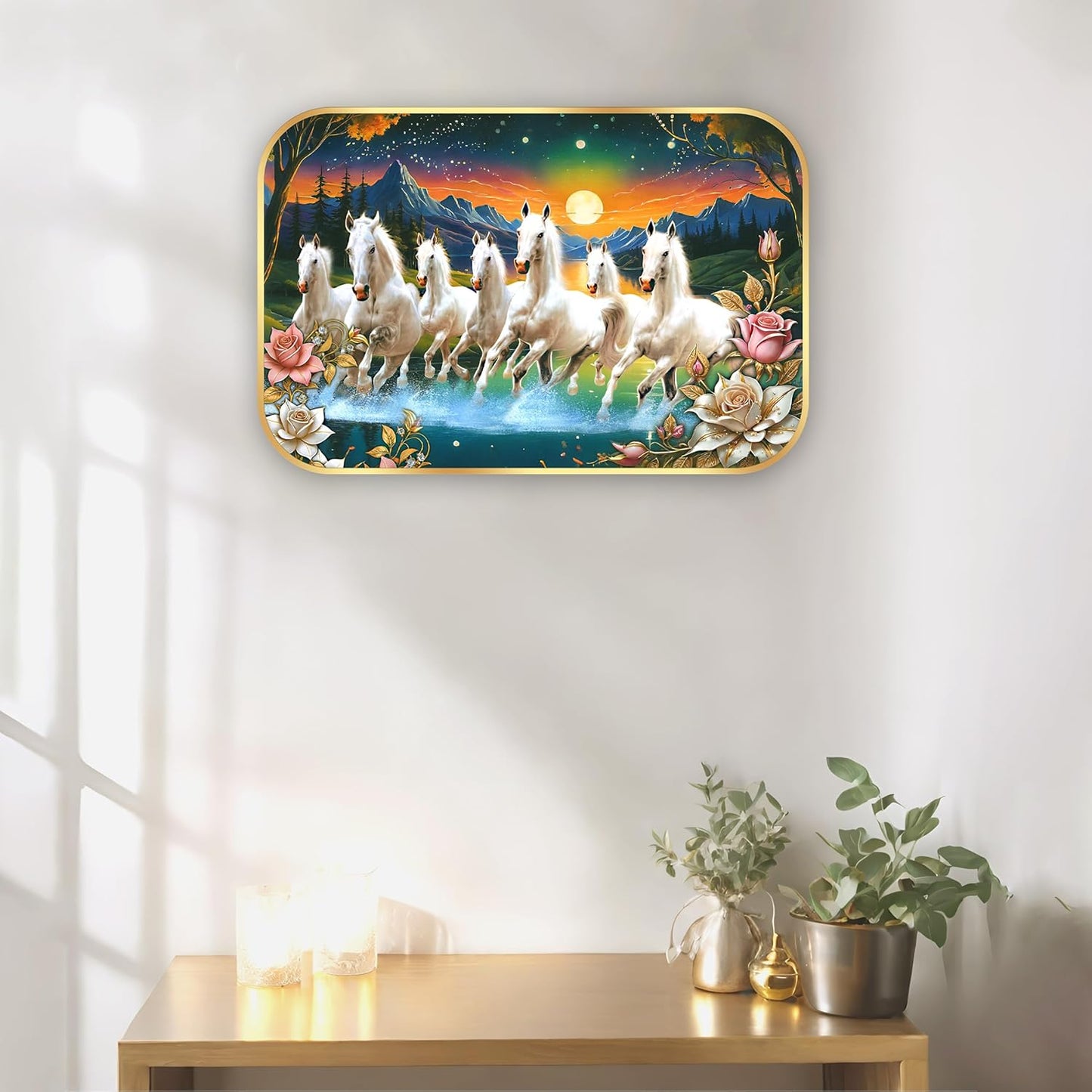 Indianara Seven Running White Horses Wall Art, Gold Frame, picturesque Scene, 45 x 30 cm (10910)