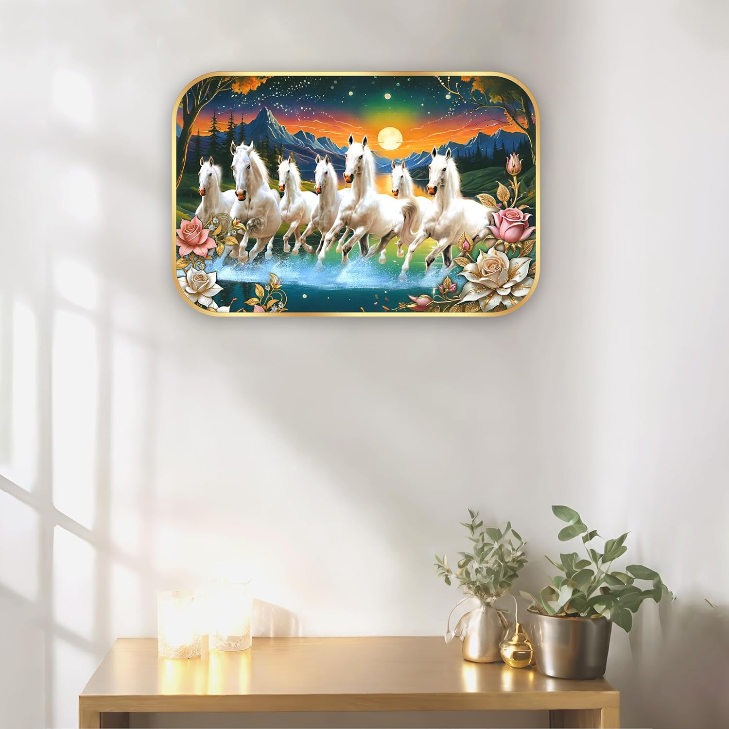 Indianara Seven Running White Horses Wall Art, Gold Frame, picturesque Scene, 45 x 30 cm (10910)