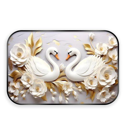 Indianara White Pair of Swan and Roses Digital Wall Art Print, Black Frame, 45 x 30 cm, Nature Theme, Landscape Orientation