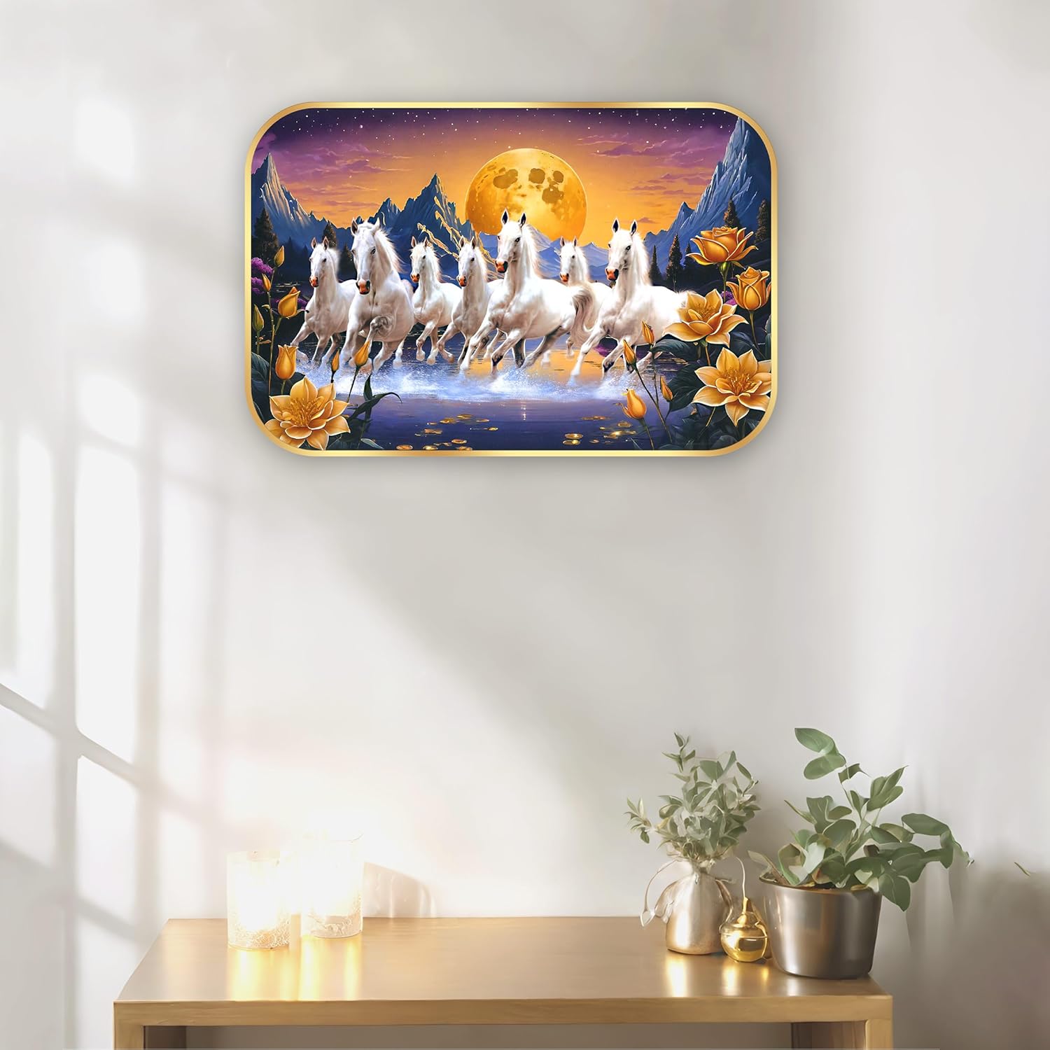Indianara Seven Running White Horses Wall Art, Gold Frame, picturesque Scene, 45 x 30 cm (10906)