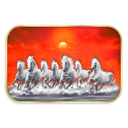 Indianara Seven Running White Horses Wall Art, Gold Frame, Night Scene with Purple Flowers, 45 x 30 cm (10929)