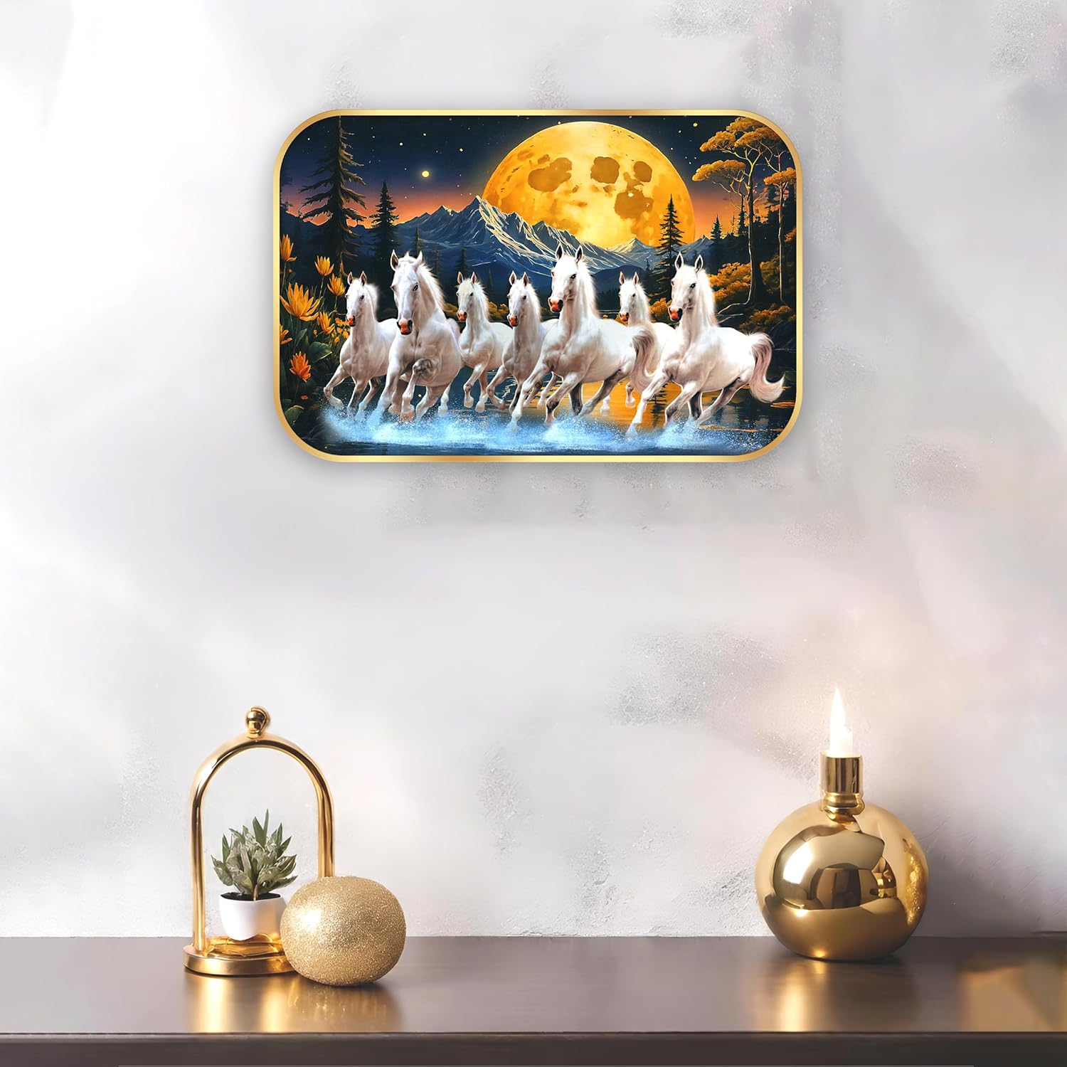 Indianara Seven Running White Horses Wall Art, Gold Frame, picturesque Scene, 45 x 30 cm (10909)