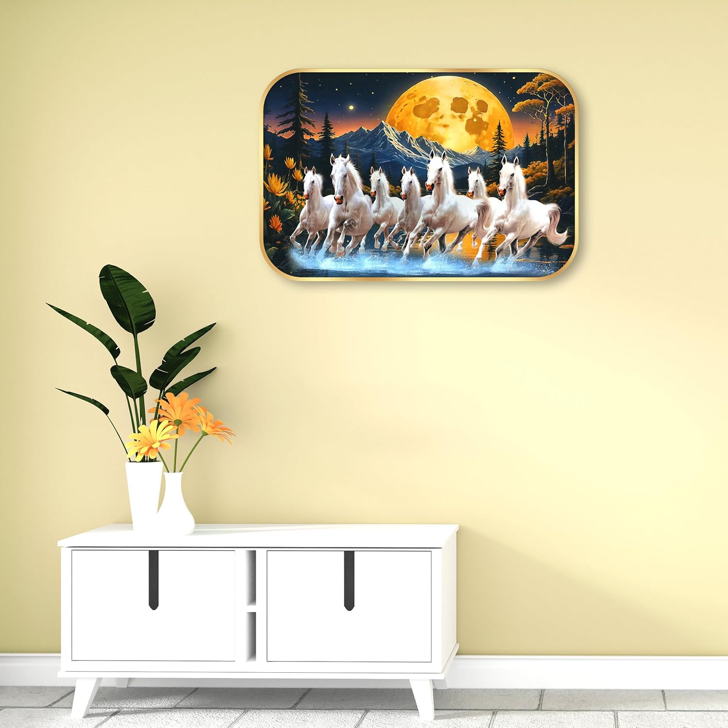 Indianara Seven Running White Horses Wall Art, Gold Frame, picturesque Scene, 45 x 30 cm (10909)