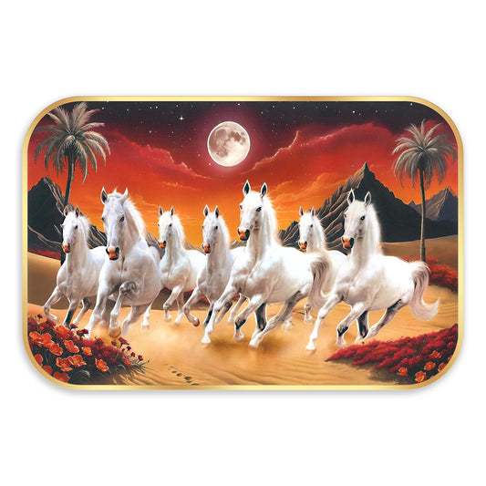 Indianara Seven Running White Horses Wall Art, Gold Frame, Night Scene with Purple Flowers, 45 x 30 cm (10912)