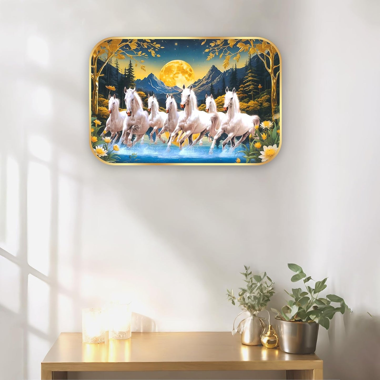 Indianara Seven Running White Horses Wall Art, Gold Frame, Night Scene with Purple Flowers, 45 x 30 cm (10916)
