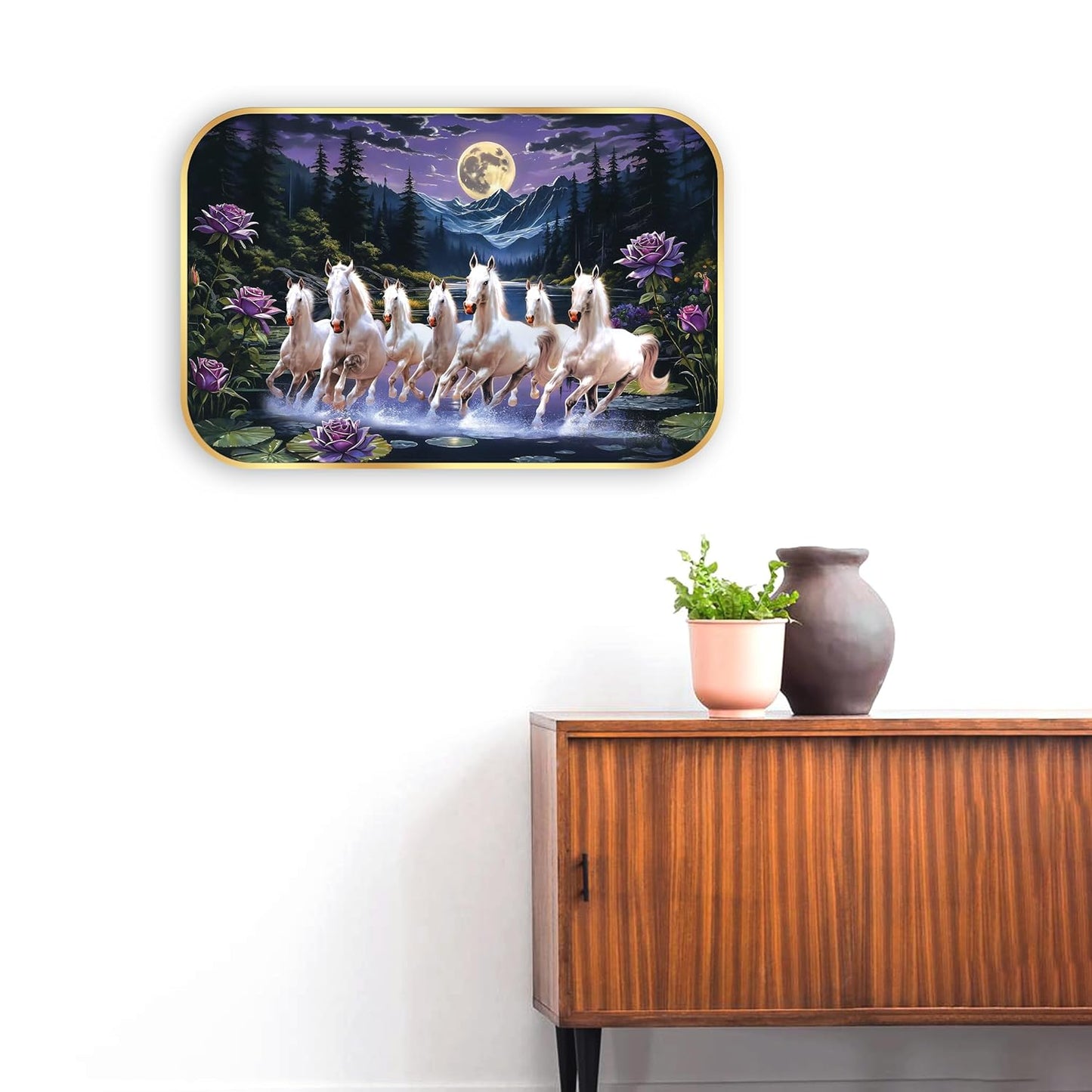 Indianara Seven Running White Horses Wall Art, Gold Frame, picturesque Scene, 45 x 30 cm