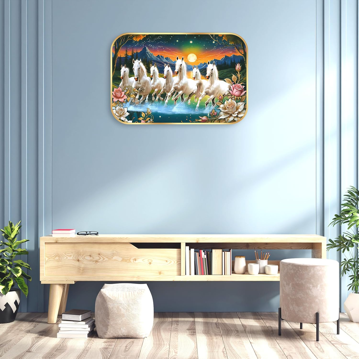 Indianara Seven Running White Horses Wall Art, Gold Frame, picturesque Scene, 45 x 30 cm (10910)