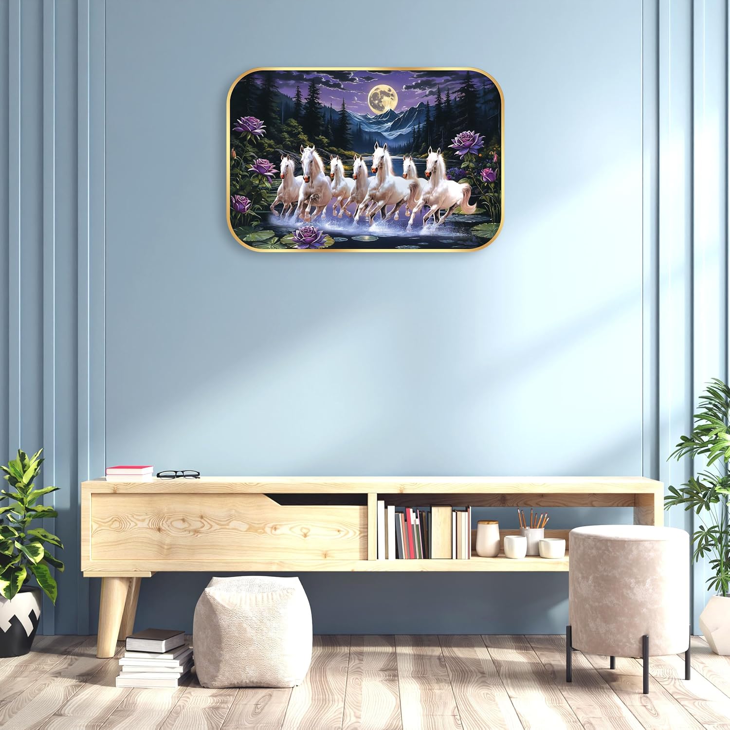 Indianara Seven Running White Horses Wall Art, Gold Frame, picturesque Scene, 45 x 30 cm