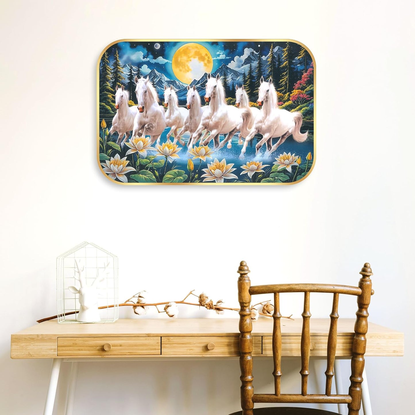 Indianara Seven Running White Horses Wall Art, Gold Frame, Night Scene with Purple Flowers, 45 x 30 cm (10915)