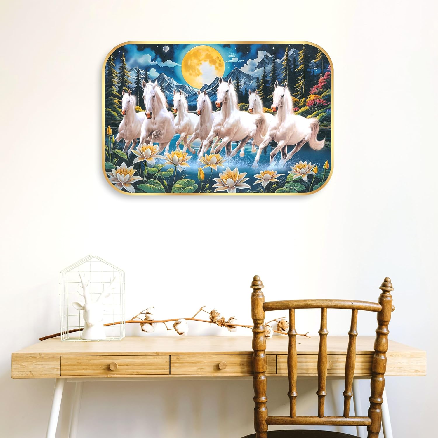 Indianara Seven Running White Horses Wall Art, Gold Frame, Night Scene with Purple Flowers, 45 x 30 cm (10915)