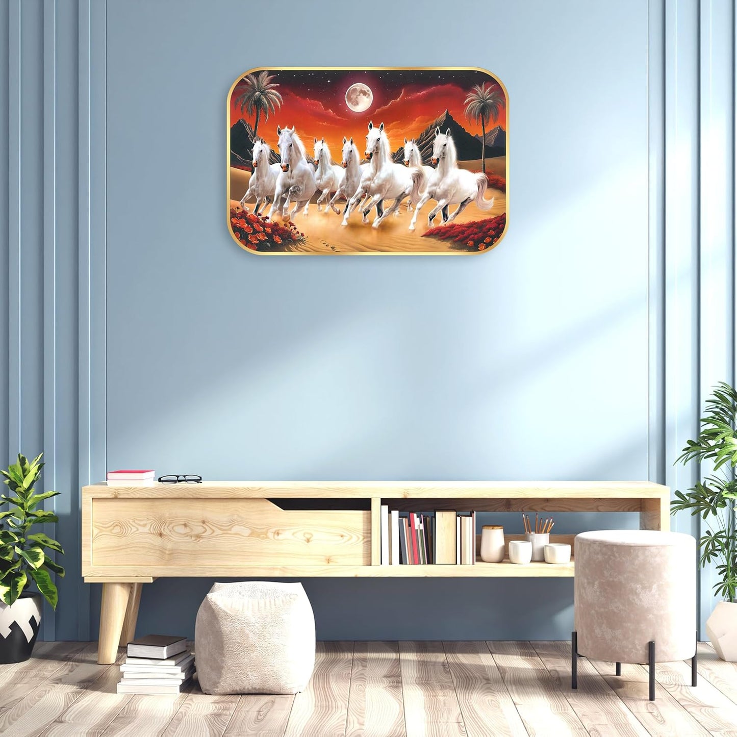 Indianara Seven Running White Horses Wall Art, Gold Frame, Night Scene with Purple Flowers, 45 x 30 cm (10912)