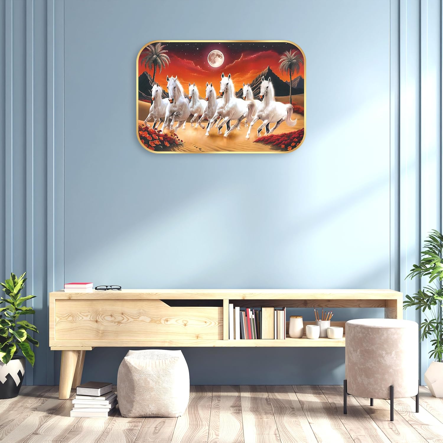 Indianara Seven Running White Horses Wall Art, Gold Frame, Night Scene with Purple Flowers, 45 x 30 cm (10912)