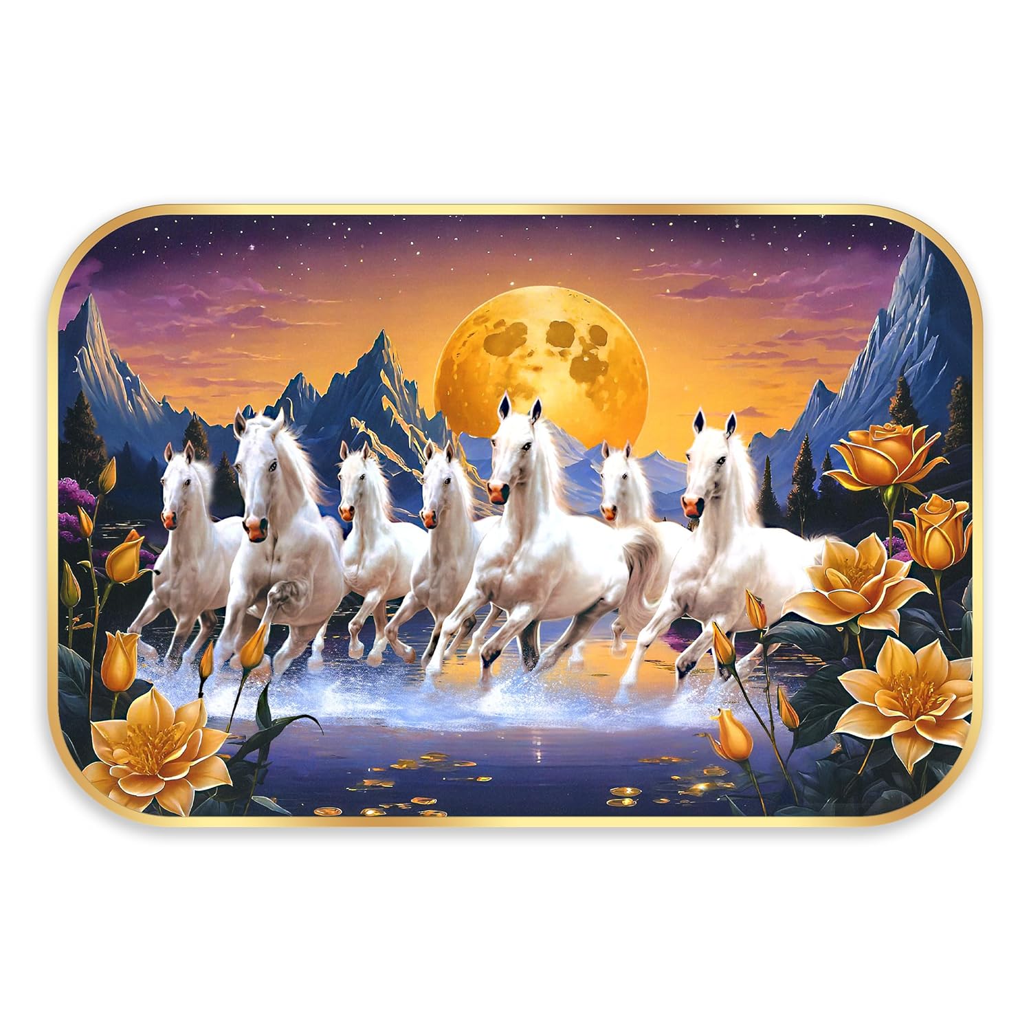 Indianara Seven Running White Horses Wall Art, Gold Frame, picturesque Scene, 45 x 30 cm (10906)