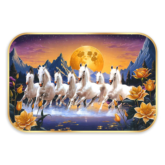 Indianara Seven Running White Horses Wall Art, Gold Frame, picturesque Scene, 45 x 30 cm (10906)