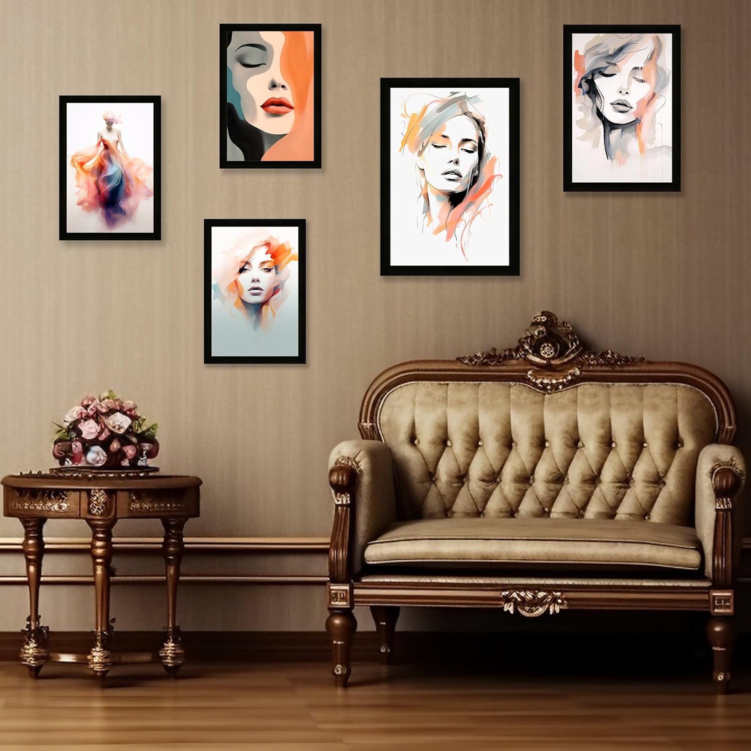 Indianara Abstract Women Silhouette Framed Gallery Wall Art, Set of 5 for Living Room | Wall Decor | Bedroom | Office | Hotel