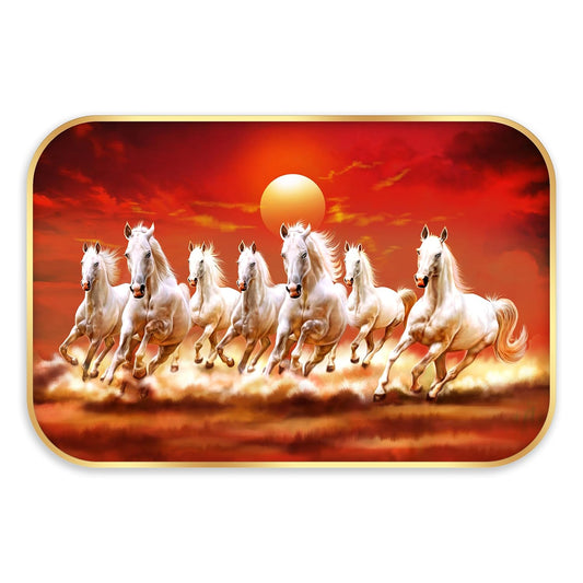 Indianara Seven Running White Horses Vastu Wall Art, Gold Frame, Digital Print, 45 x 30 cm (10927)