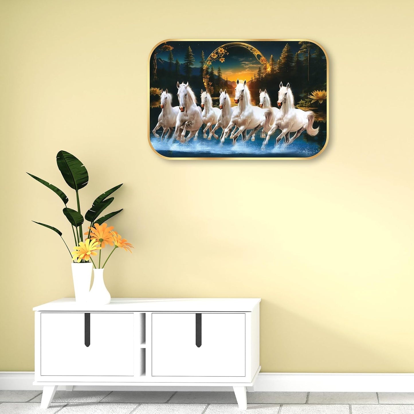 Indianara Seven Running White Horses Wall Art, Gold Frame, picturesque Scene, 45 x 30 cm (10903)