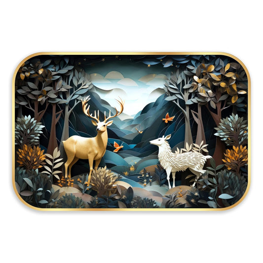 Indianara Enchanted Forest Wall Art, Gold Frame, 45 x 30 cm, Whimsical Deer Design, Indoor Decorative Print, Matte Finish