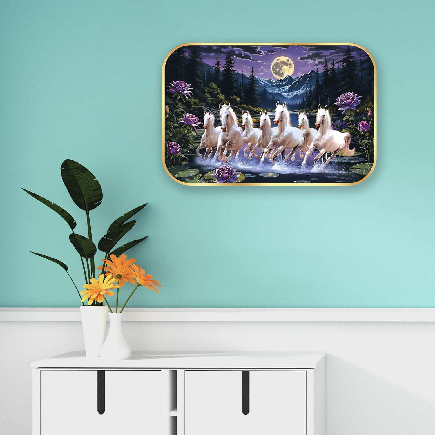 Indianara Seven Running White Horses Wall Art, Gold Frame, picturesque Scene, 45 x 30 cm