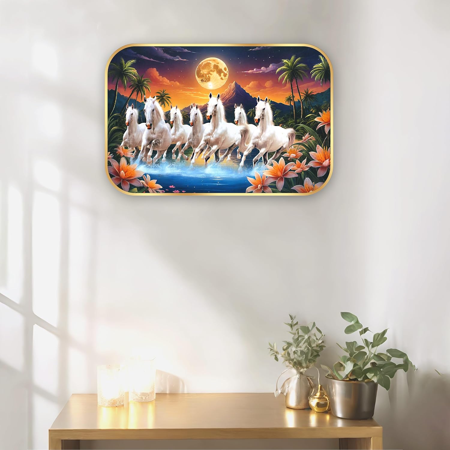 Indianara Seven Running White Horses Wall Art, Gold Frame, picturesque Scene, 45 x 30 cm (10907)