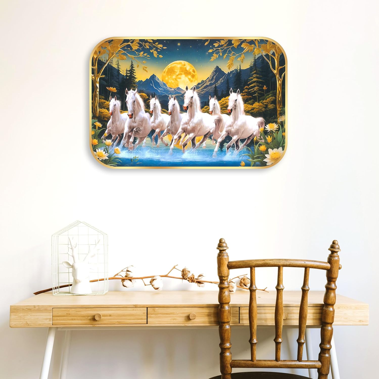 Indianara Seven Running White Horses Wall Art, Gold Frame, Night Scene with Purple Flowers, 45 x 30 cm (10916)