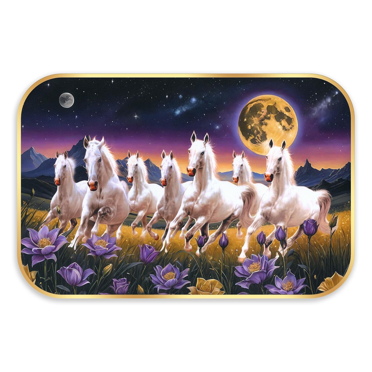 Indianara Seven Running White Horses Wall Art, Gold Frame, Night Scene with Purple Flowers, 45 x 30 cm (10911)