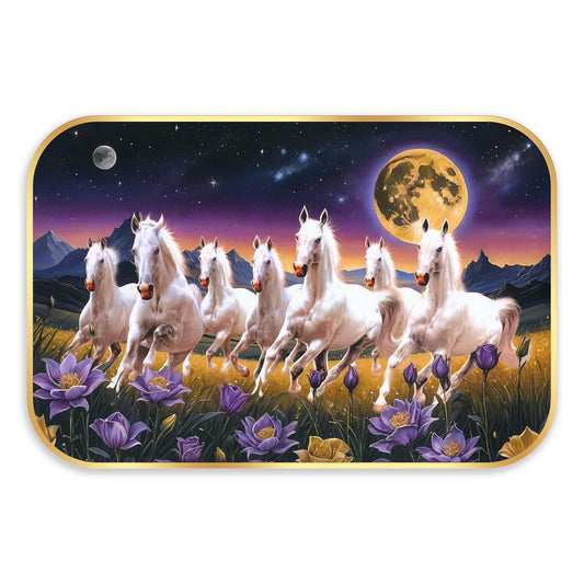 Indianara Seven Running White Horses Wall Art, Gold Frame, Night Scene with Purple Flowers, 45 x 30 cm (10911)