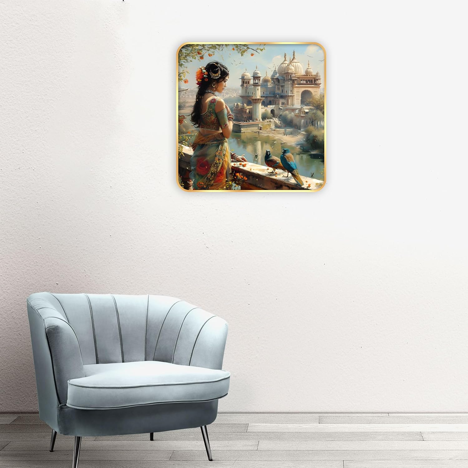 Indianara Beautiful Indian Woman Art Print with Golden Frame, Traditional Portrait, 40 cm x 40 cm, Premium Sparkle Lamination (6607)