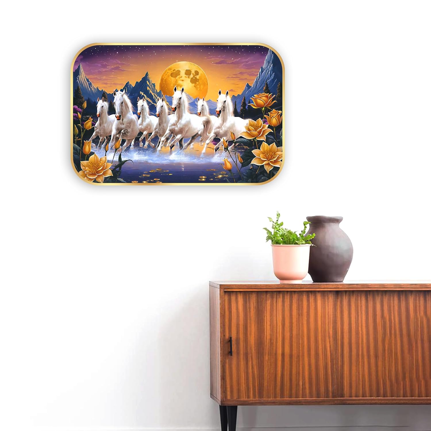 Indianara Seven Running White Horses Wall Art, Gold Frame, picturesque Scene, 45 x 30 cm (10906)