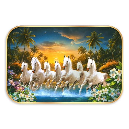 Indianara Seven Running White Horses Wall Art, Gold Frame, picturesque Scene, 45 x 30 cm (10908)