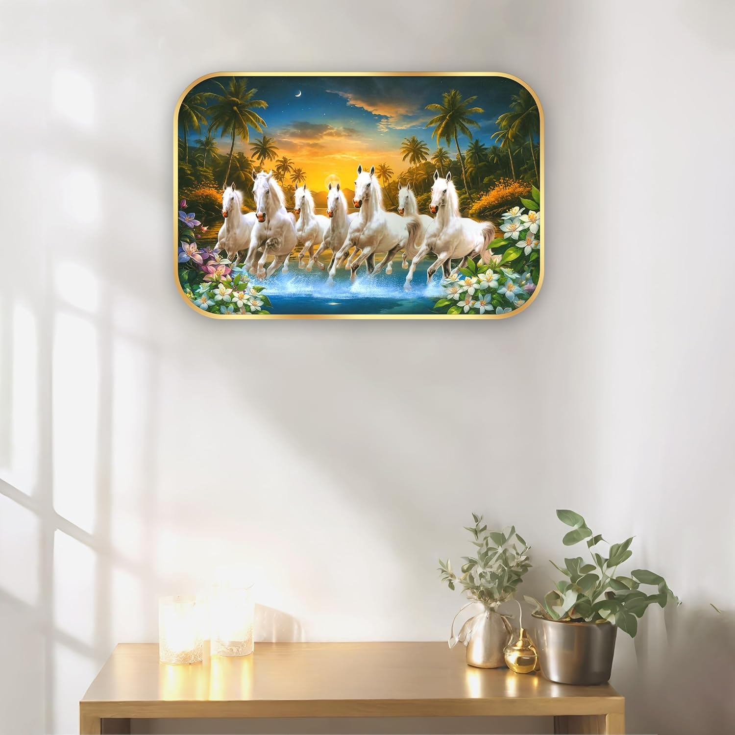 Indianara Seven Running White Horses Wall Art, Gold Frame, picturesque Scene, 45 x 30 cm (10908)