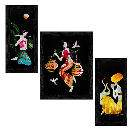 Indianara 3 Pc Set Of Still Art Paintings Without Glass (6 X 13, 10.2 X 13, 6 X 13 INCH, Black)