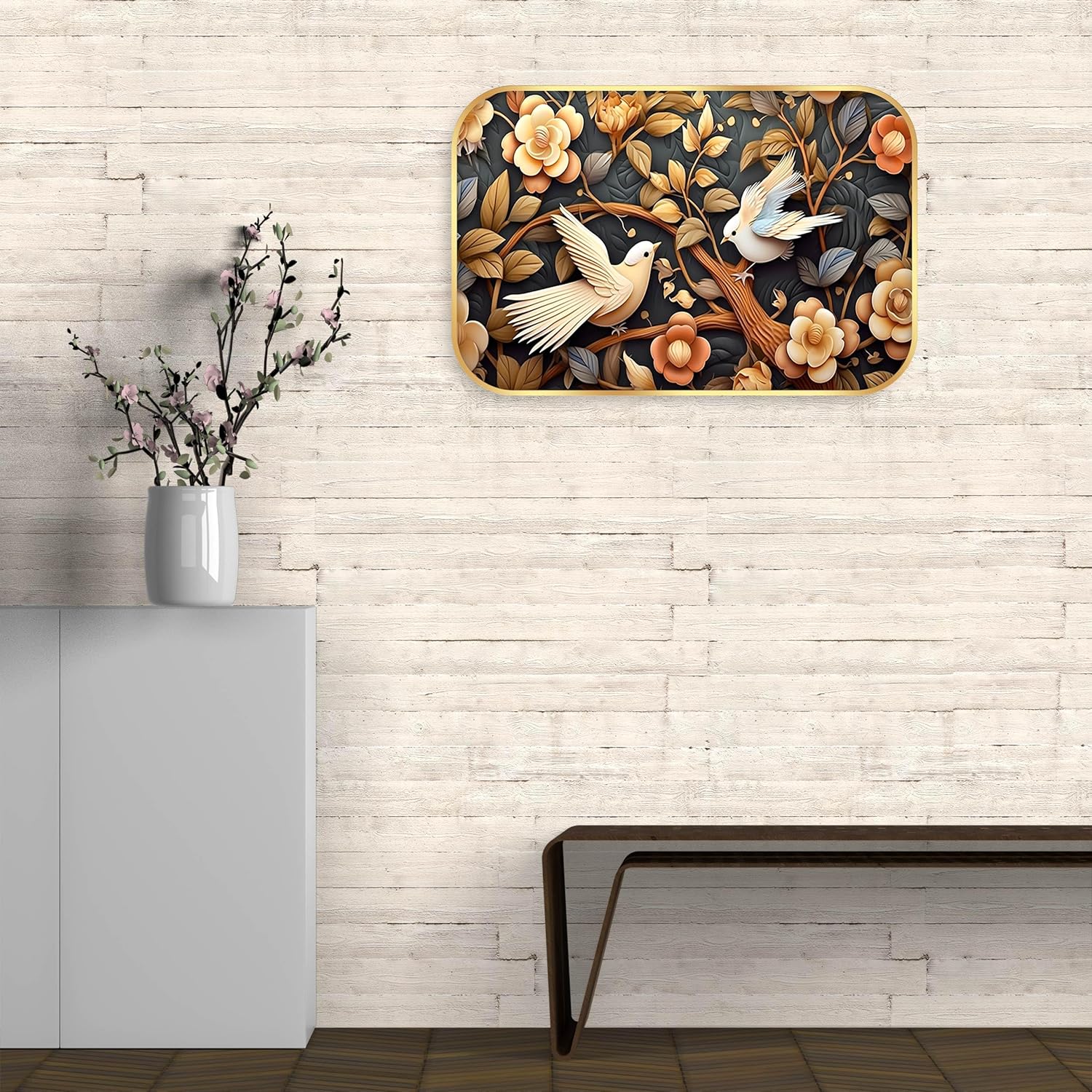 Indianara Birds and Flowers Digital Wall Art, Golden Frame with Premium Lamination, 45 x 30 cm, Black and Gold