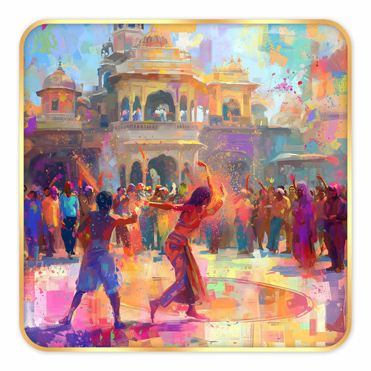 Indianara Beautiful Ancient Indian Holi Celebration Art Print with Golden Frame, Traditional Portrait, 40 cm x 40 cm, Premium Sparkle Lamination