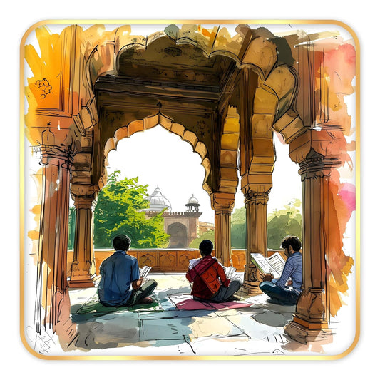 Indianara Traditional Indian Art Wall Painting, Architectural Scene, Premium Sparkle Lamination, Golden Frame, 40 cm x 40 cm (6603)