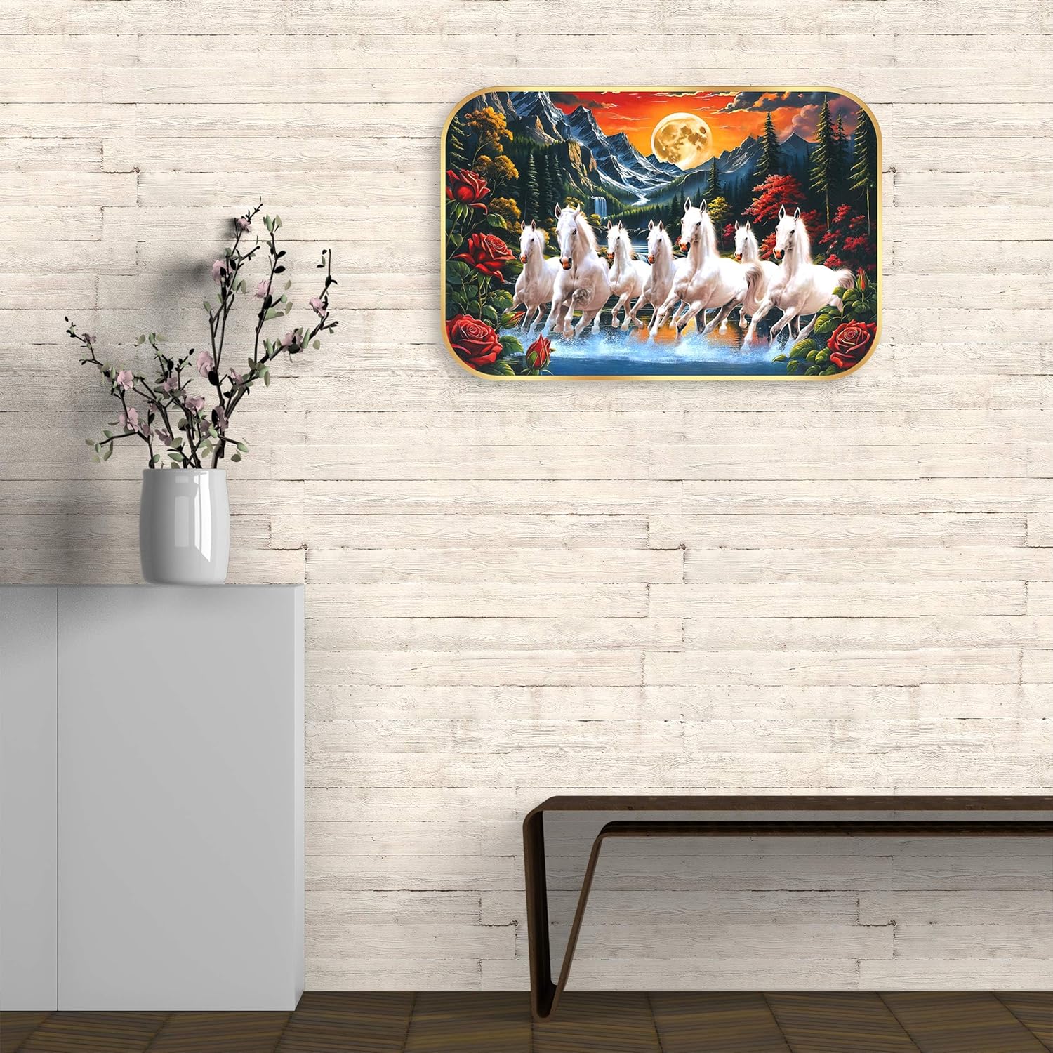 Indianara Seven Running White Horses Wall Art, Gold Frame, Night Scene with Purple Flowers, 45 x 30 cm (10913)