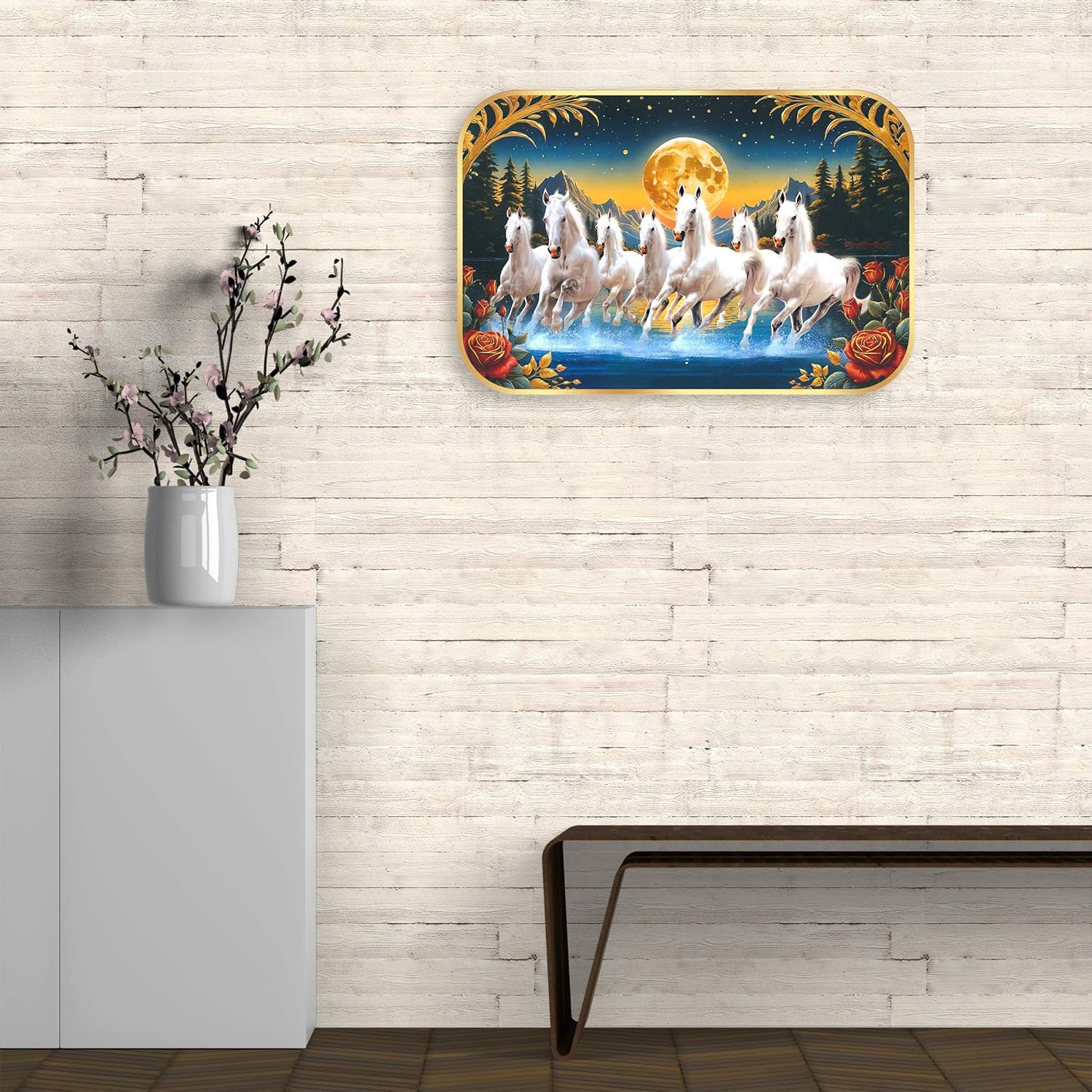 Indianara Seven Running White Horses Wall Art, Gold Frame, Night Scene with Moon, 45 x 30 cm (10914)