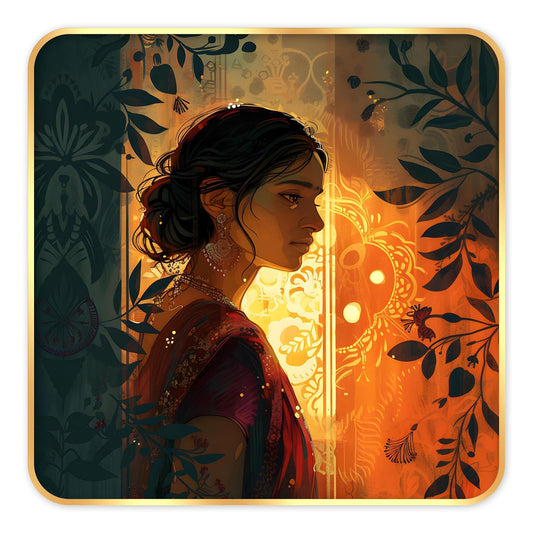 Indianara Beautiful Indian Woman Art Print with Golden Frame, Traditional Portrait, 40 cm x 40 cm, Premium Sparkle Lamination