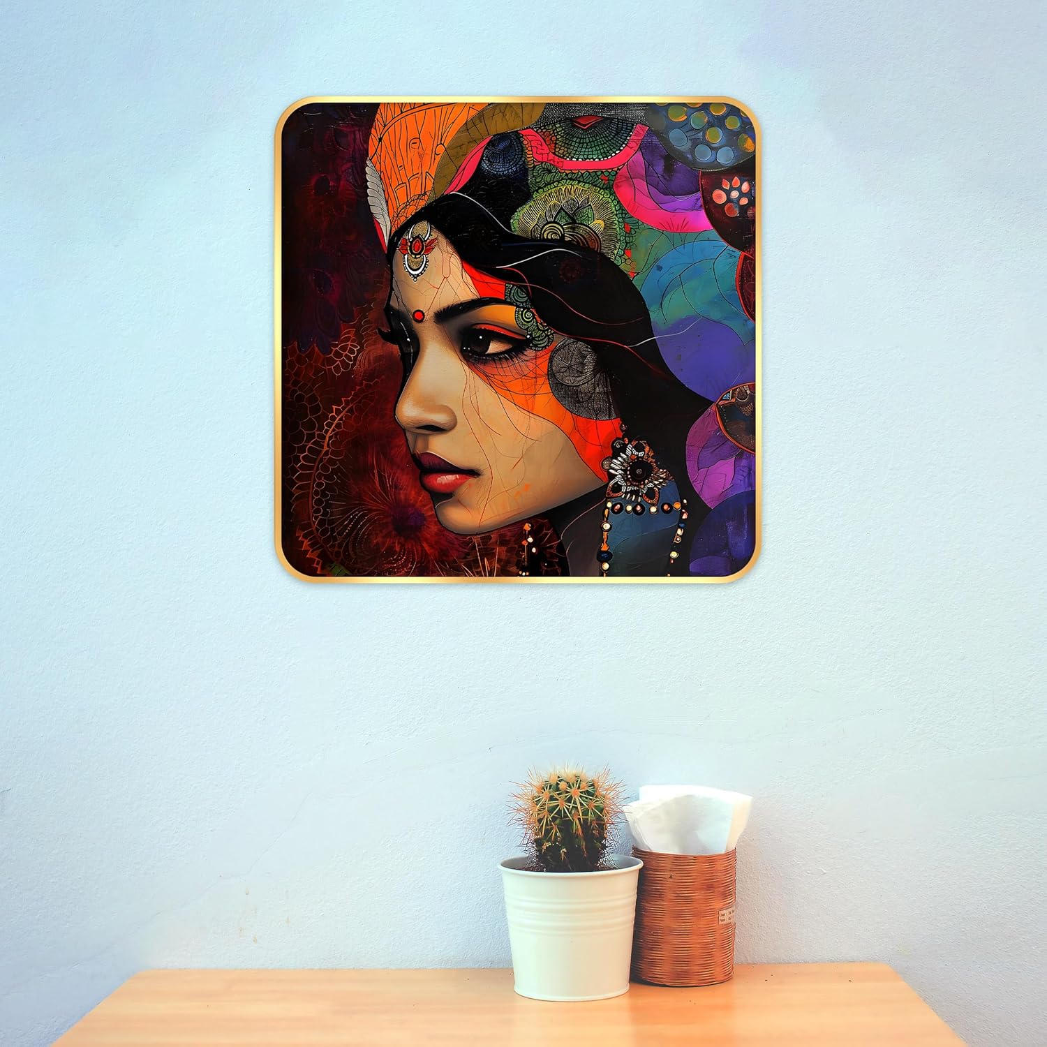 Indianara Beautiful Indian Woman Art Print with Golden Frame, Traditional Portrait, 40 cm x 40 cm, Premium Sparkle Lamination (6611)