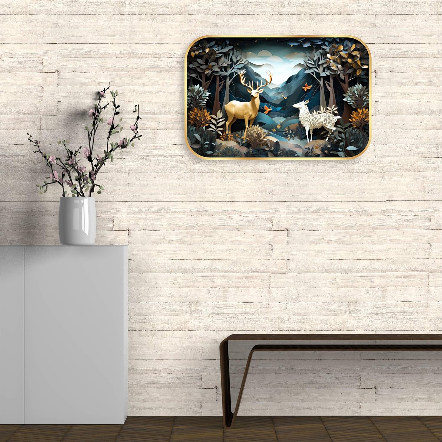 Indianara Enchanted Forest Wall Art, Gold Frame, 45 x 30 cm, Whimsical Deer Design, Indoor Decorative Print, Matte Finish