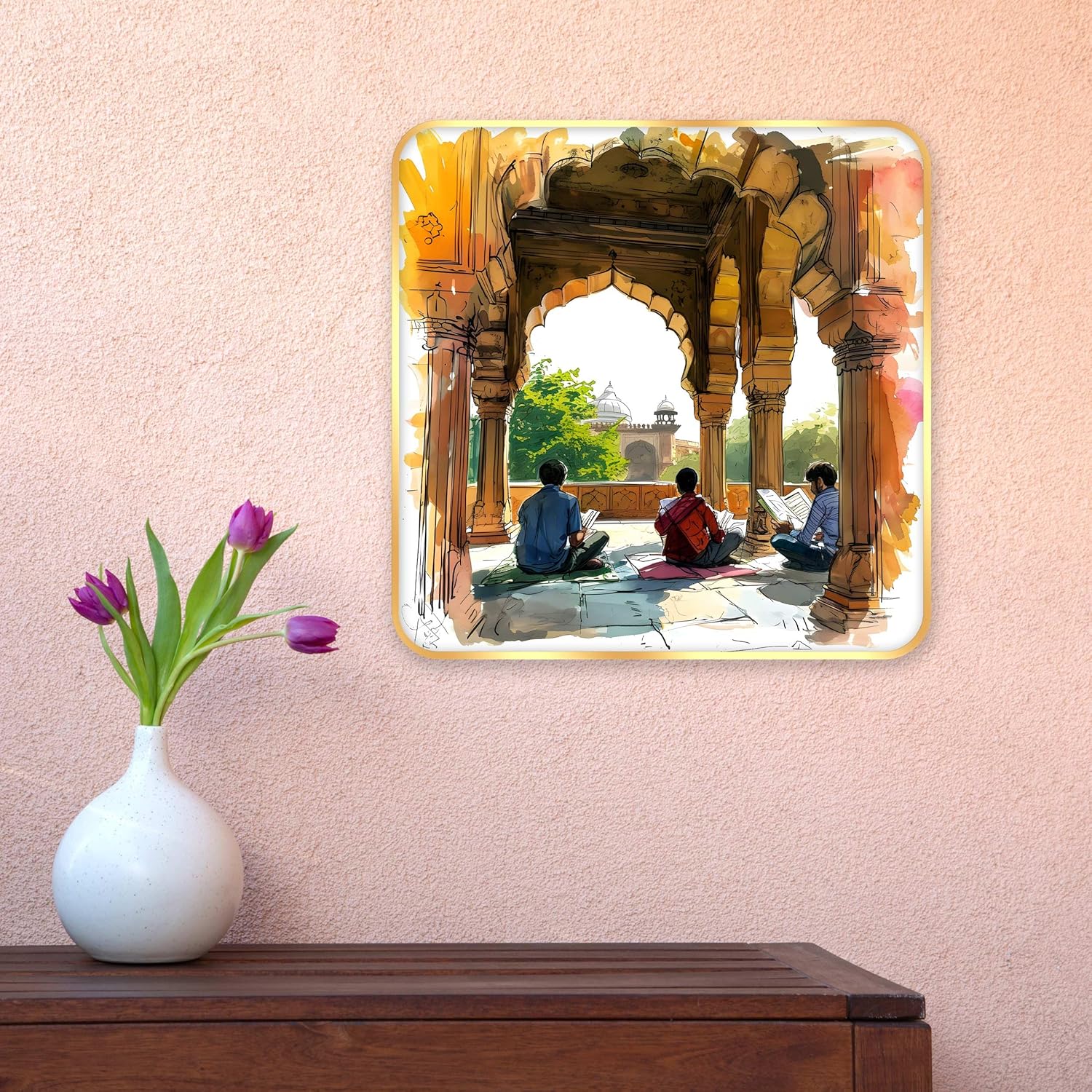 Indianara Traditional Indian Art Wall Painting, Architectural Scene, Premium Sparkle Lamination, Golden Frame, 40 cm x 40 cm (6603)