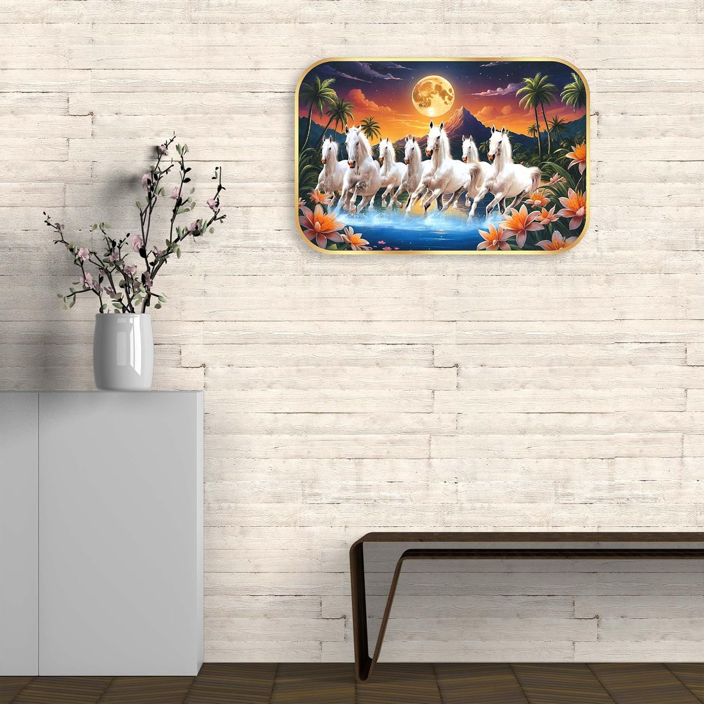 Indianara Seven Running White Horses Wall Art, Gold Frame, picturesque Scene, 45 x 30 cm (10907)