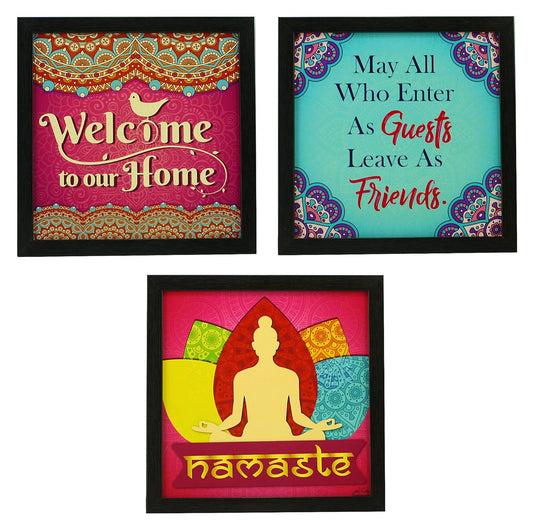Indianara 3 Piece Set of Framed Wall Hanging Welcome Home Decor Art (1193) Prints 8.7 inch X 8.7 inch Without Glass-Multicolour
