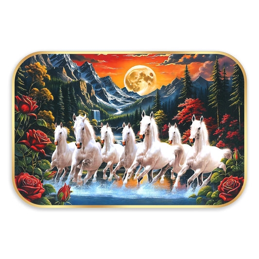 Indianara Seven Running White Horses Wall Art, Gold Frame, Night Scene with Purple Flowers, 45 x 30 cm (10913)