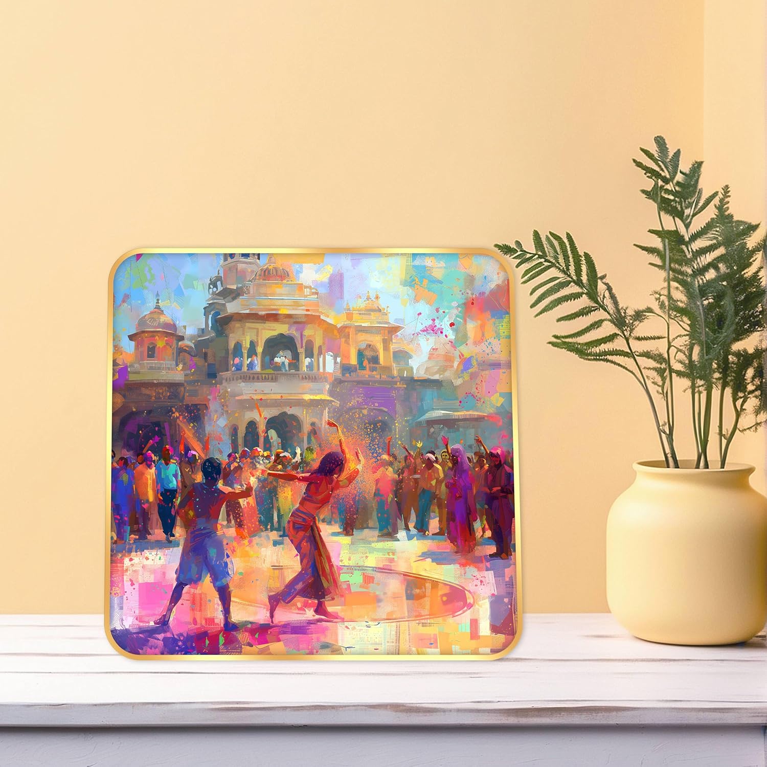 Indianara Beautiful Ancient Indian Holi Celebration Art Print with Golden Frame, Traditional Portrait, 40 cm x 40 cm, Premium Sparkle Lamination