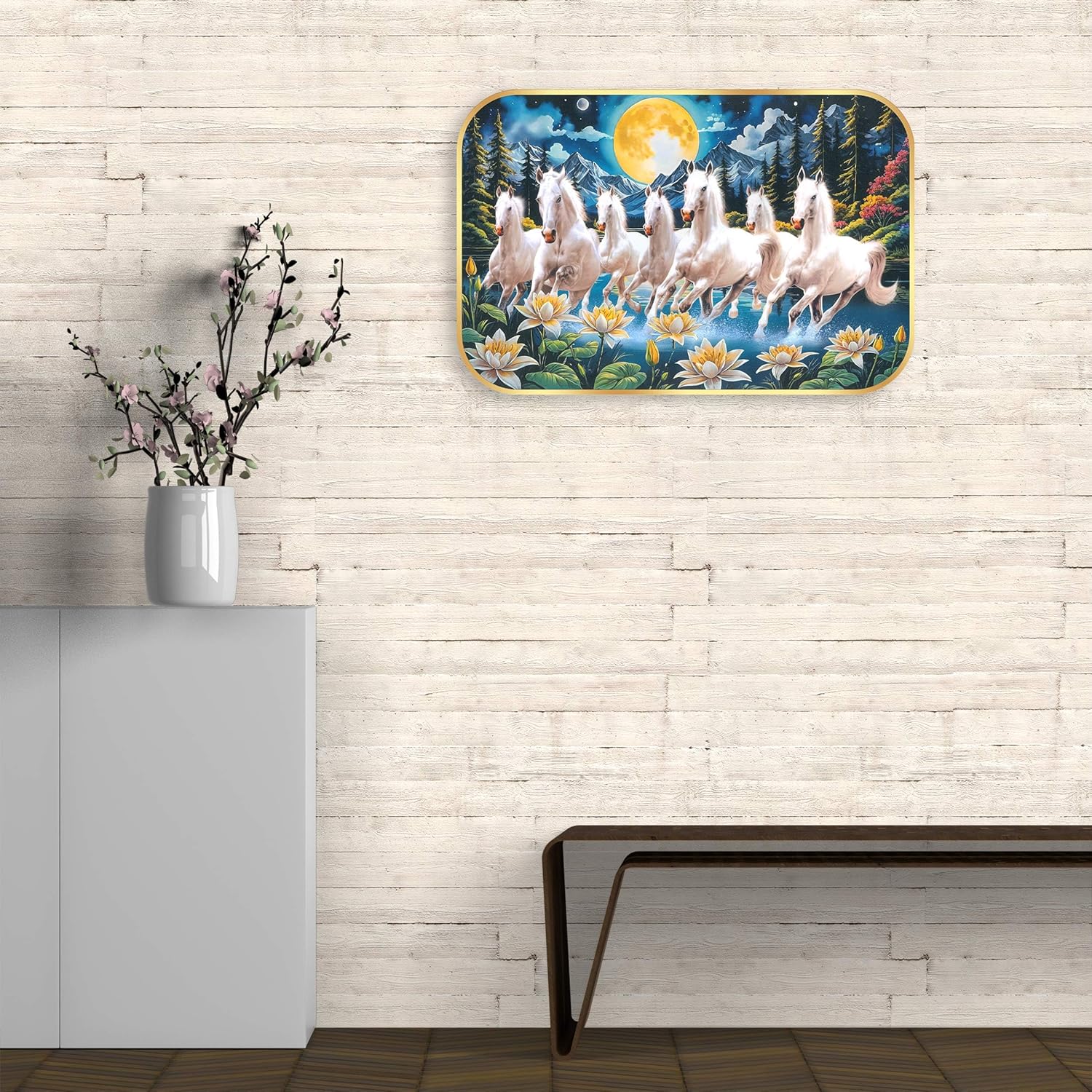 Indianara Seven Running White Horses Wall Art, Gold Frame, Night Scene with Purple Flowers, 45 x 30 cm (10915)