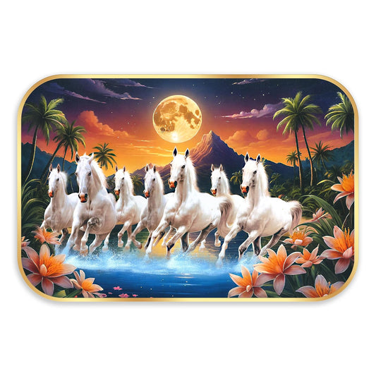Indianara Seven Running White Horses Wall Art, Gold Frame, picturesque Scene, 45 x 30 cm (10907)