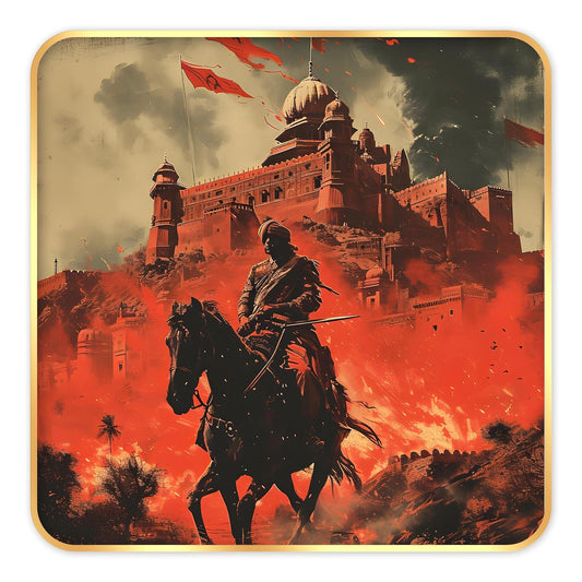 Indianara Historic Battle Scene Wall Art, Digital Print with Golden Frame, Premium Sparkle Lamination, 40 cm x 40 cm, (6608)