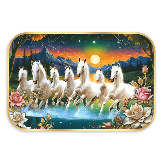 Indianara Seven Running White Horses Wall Art, Gold Frame, picturesque Scene, 45 x 30 cm (10910)