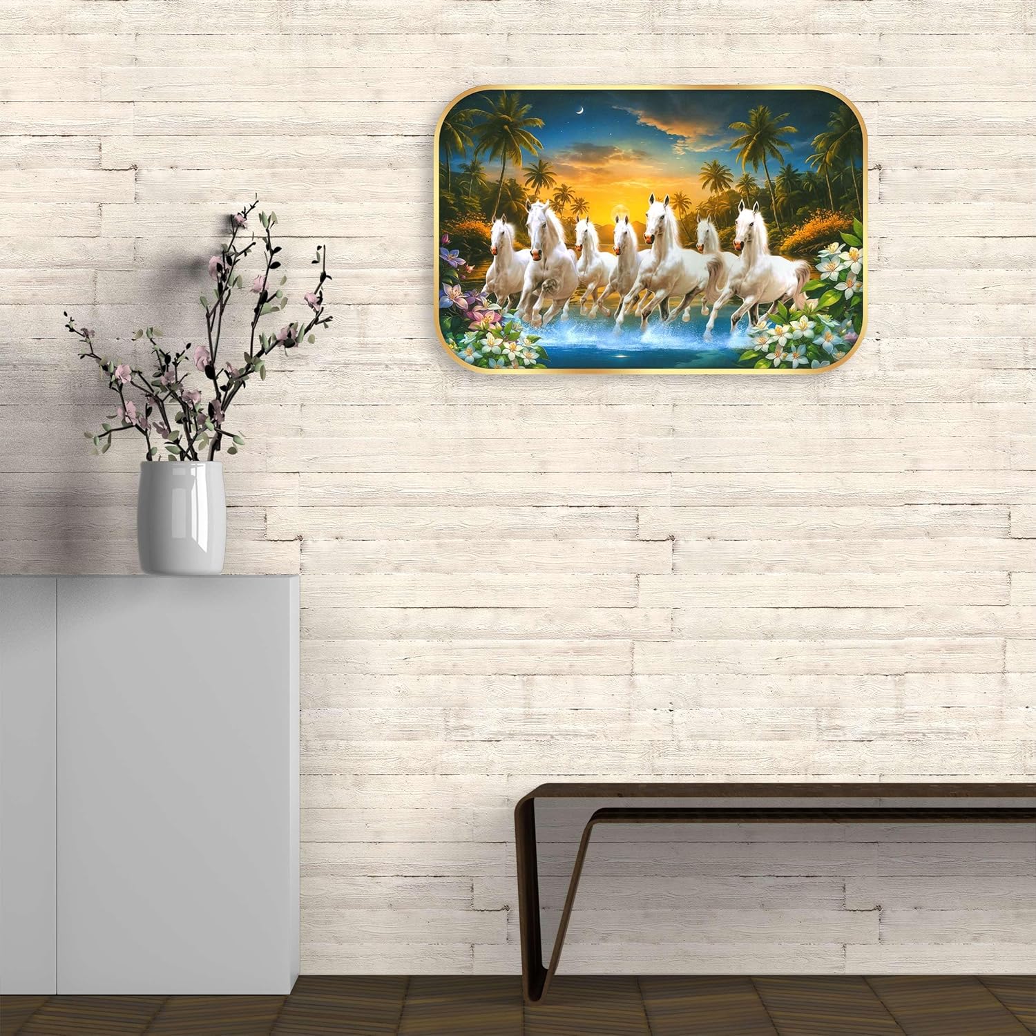 Indianara Seven Running White Horses Wall Art, Gold Frame, picturesque Scene, 45 x 30 cm (10908)